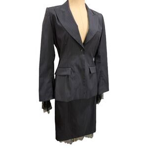 Size 38 Marcel Marongiu Skirt Suit Jacket Pinstripe Lace Trim France